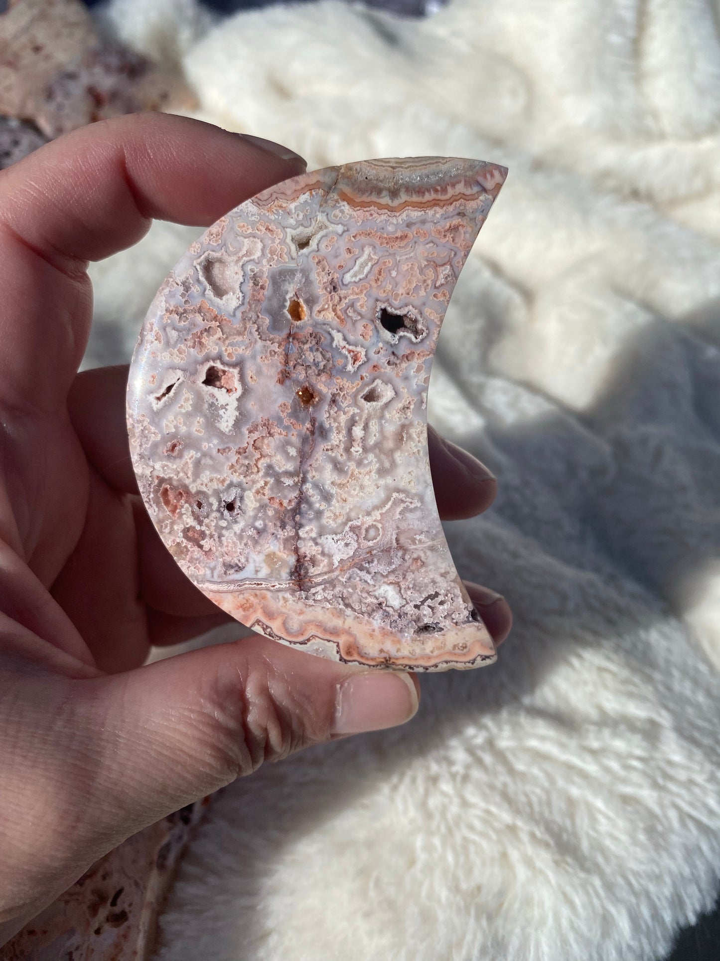 Pink Crazy Lace Agate Crescent Carvings