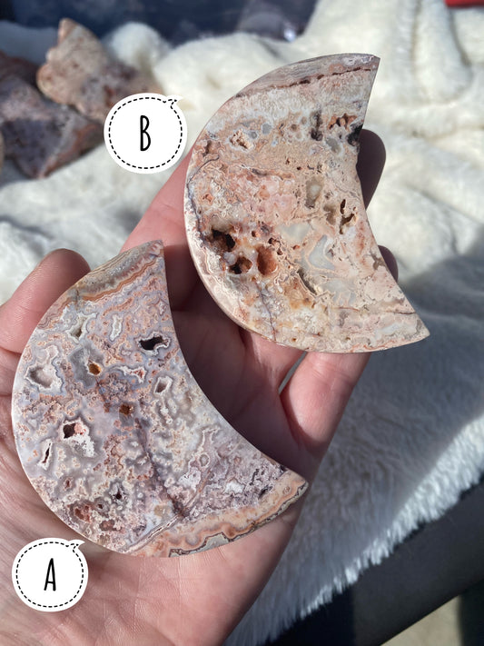 Pink Crazy Lace Agate Crescent Carvings