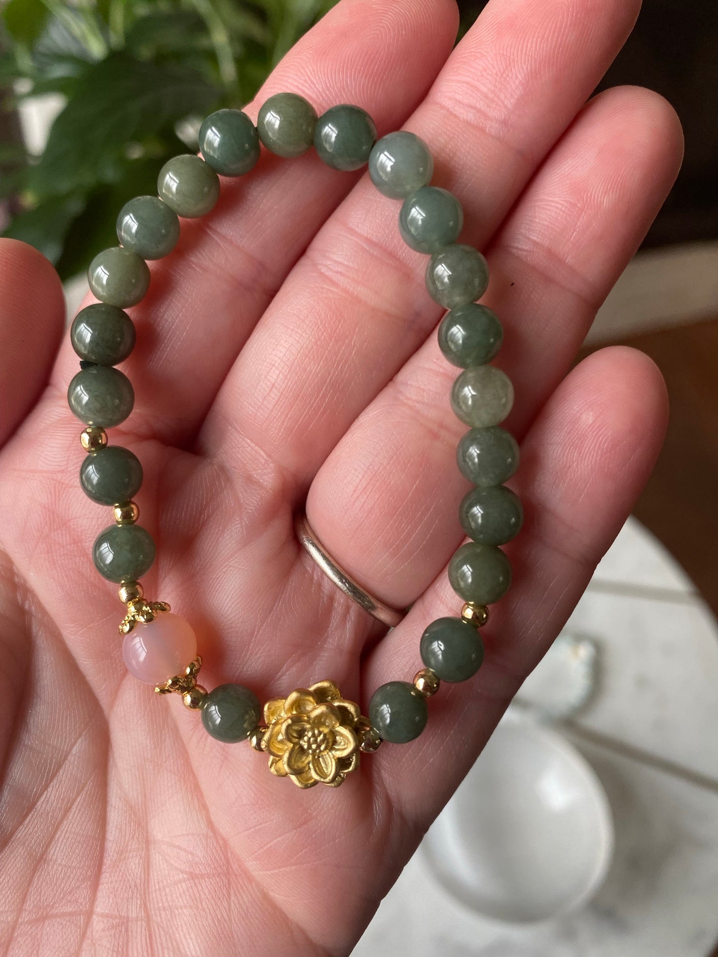 Jade Bead Bracelet (gold lotus)